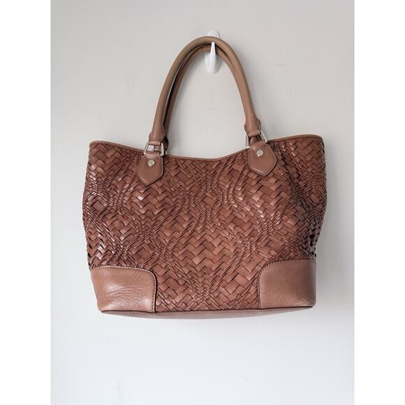 Cole Haan Genevieve Leather Woven Tote In Brown Leather Handbag 16x9.5x6 In - Picture 2 of 10